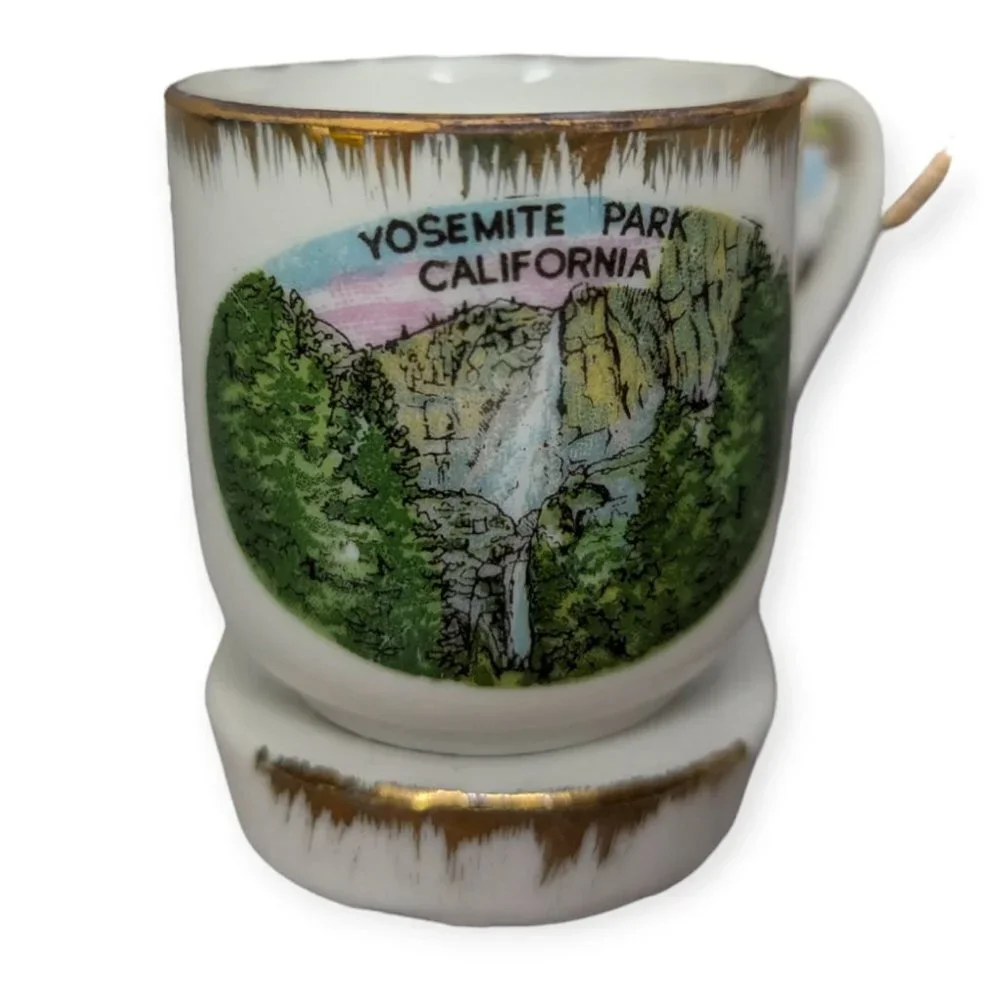 Vintage Yosemite National Park Miniature Cup and Saucer Set w/Stand